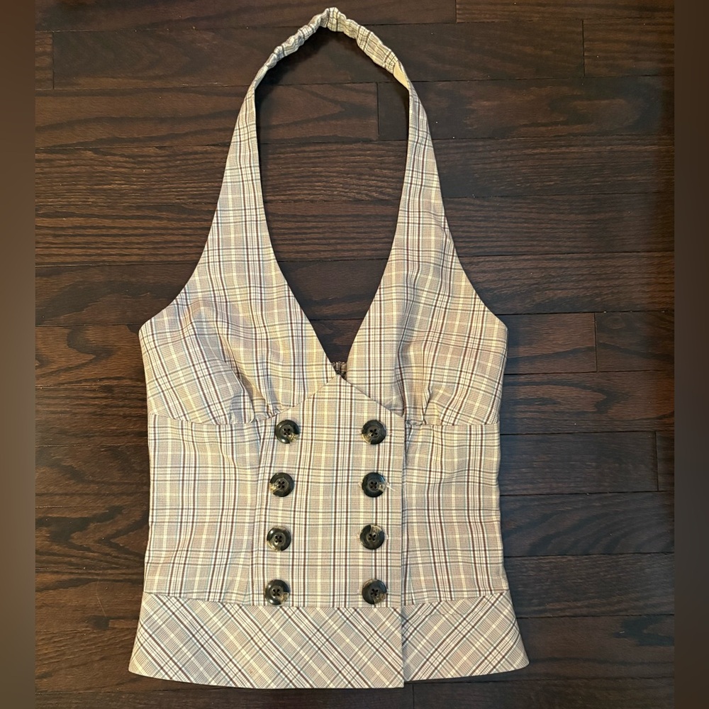 Vintage Guess Cream and Brown Plaid Halter Vest